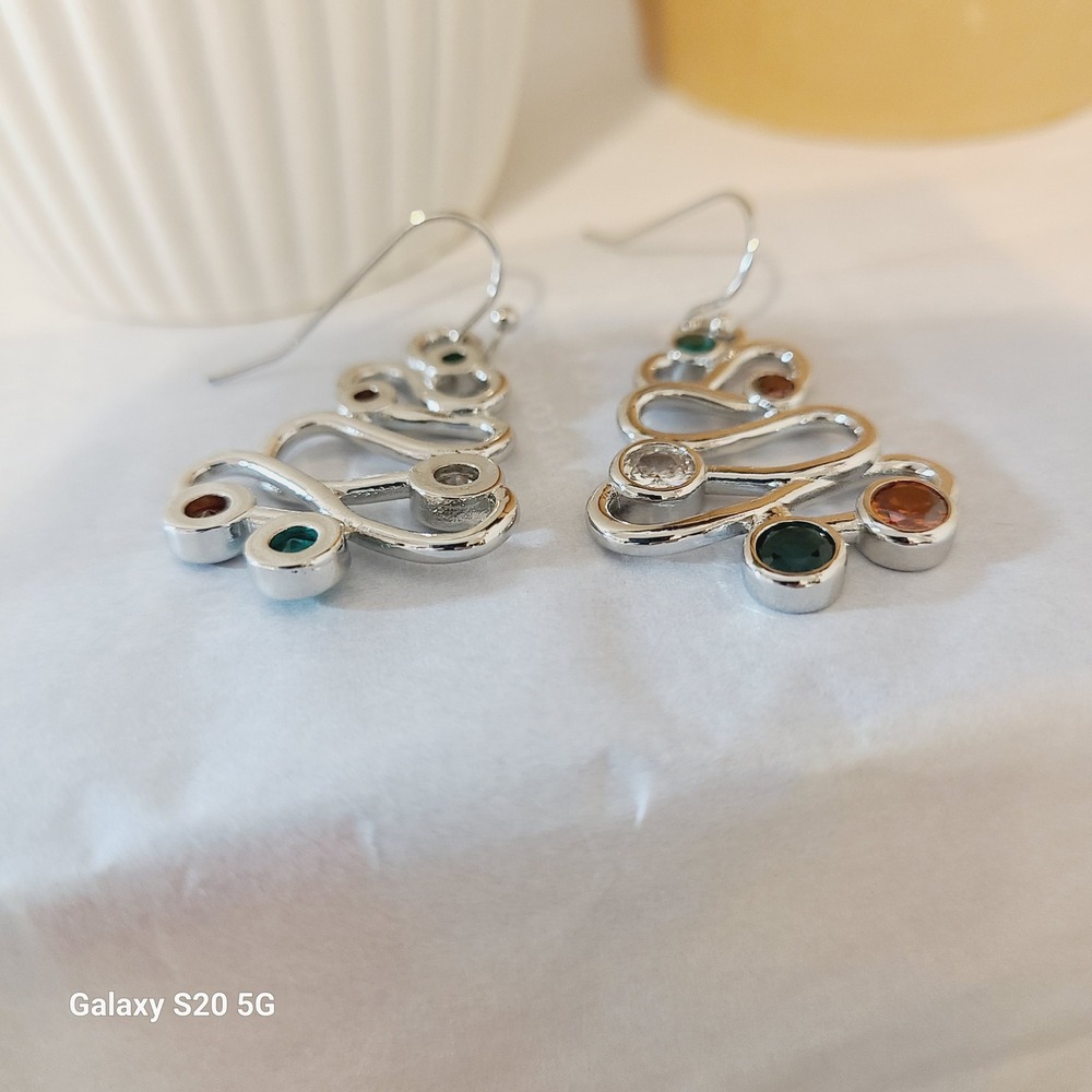 Sparkling Christmas Tree Dangle Earrings Festive Holiday Gemstones Silver Tone‎ - Picture 4 of 6